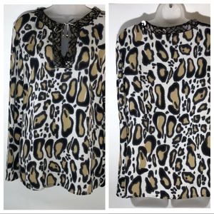 St John Leopard Print Silk Blouse Embellished
